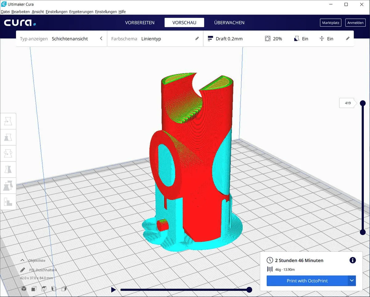 Ultimaker Cura: Slicer-Oberfläche mit geladenem 3D-Modell