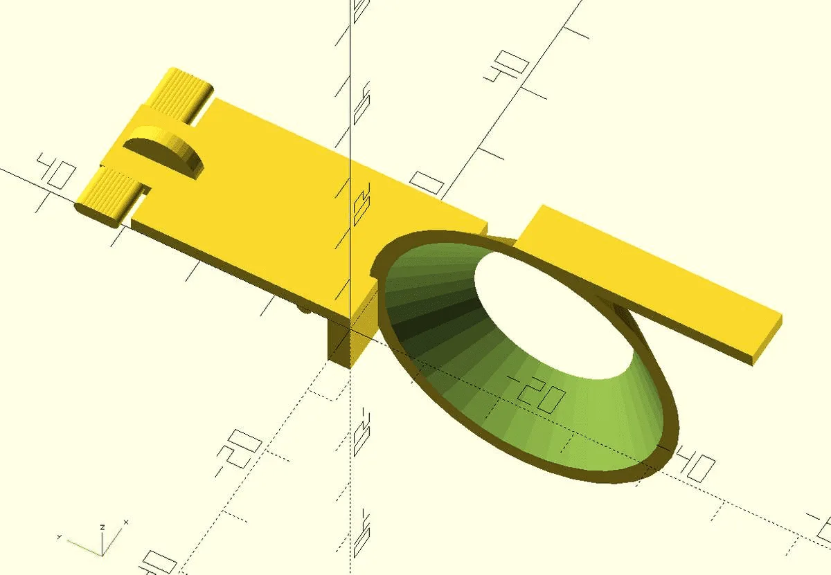 OpenSCAD-Render des Dunstabzugshauben-Ersatzteils mit Rad und Achse