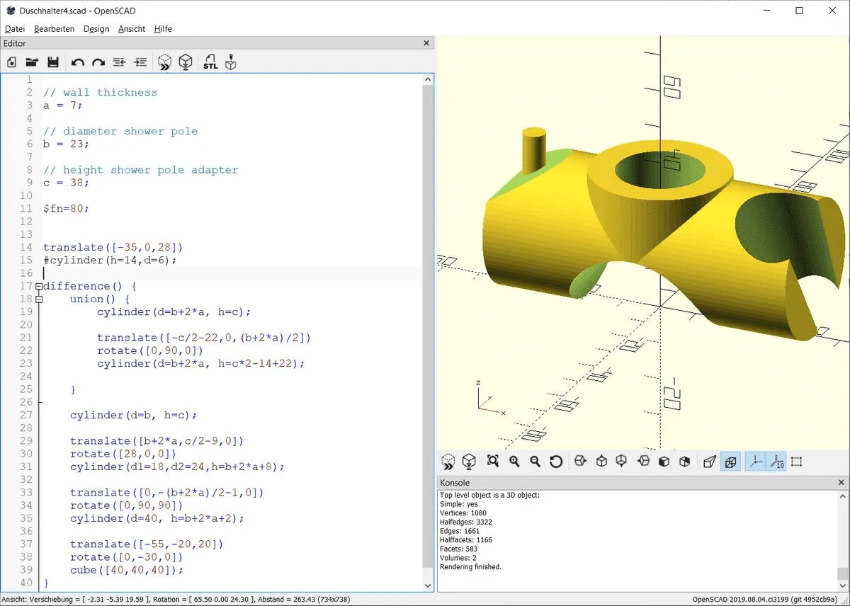 OpenSCAD-Oberfläche mit Quelltext und 3D-Vorschau eines Objekts