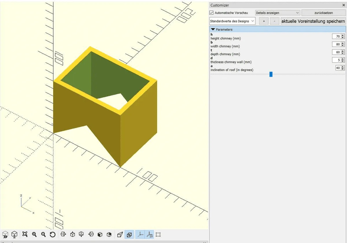 OpenSCAD-Render eines Puppenhaus-Schornsteins mit ausgeschnittener Dachschräge