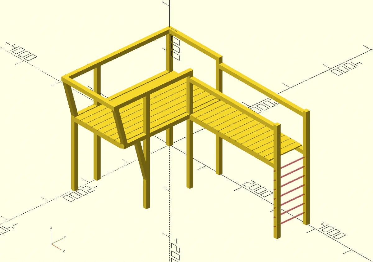 OpenSCAD-Render eines Spielturms aus Holzbalken und Dielen, mit Bemaßung