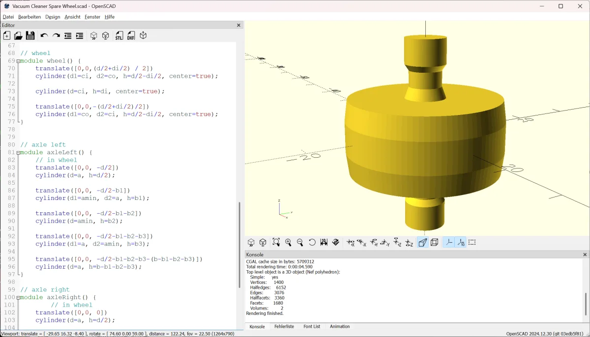 OpenSCAD-Render des Staubsauger-Ersatzrads: balliges Laufrad mit zwei gestuften Achsstummeln